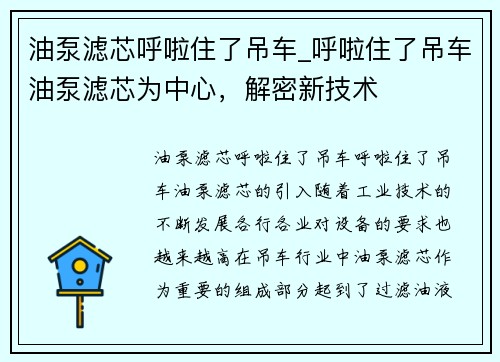 油泵滤芯呼啦住了吊车_呼啦住了吊车油泵滤芯为中心，解密新技术